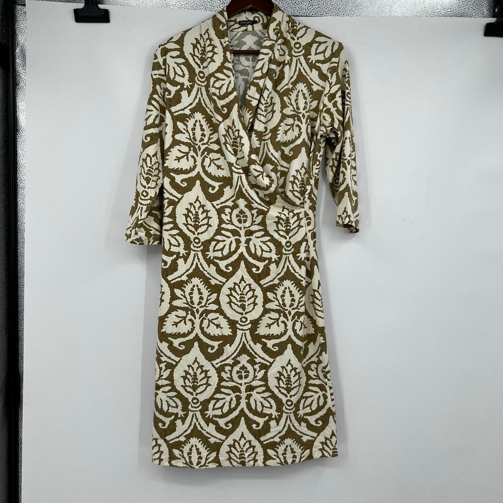 J. McLaughlin printed faux wrap dress damask leaf motif 3/4 sleeve catalina knit - Picture 2 of 8